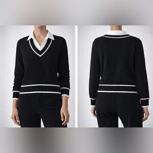 Preppy Black V-Neck Sweater w/ White Collar Trim Size L